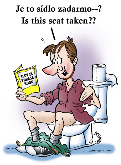 man sitting on toilet with Slovak phrase book saying Je to sídlo zadarmo meaning Is this seat taken?
