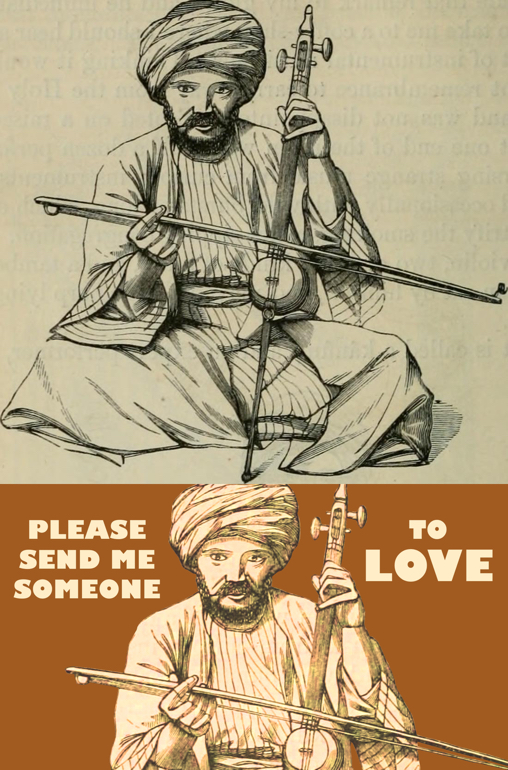 photo compare Middle Eastern man turban robes playing banjo like instrument with bow before and after restoration manipulation add text color