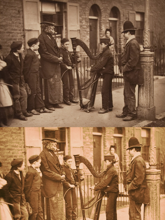 photo compare boy playing harp on street in Victorian London before and after restoration manipulation coloring