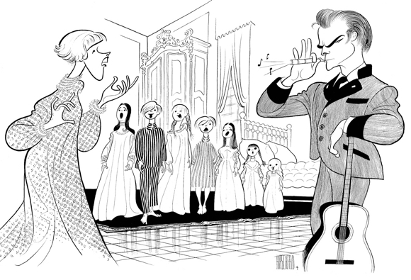 Al Hirschfeld illustration Sound Of Music caricatures of Julie Andrews Christopher Plummer guitar Captain blowing whistle