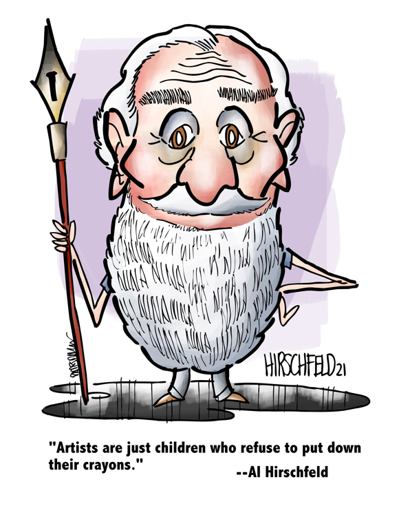 caricature of illustrator Al Hirschfeld by Mark Armstrong with 21 Ninas quote artists are children who refuse to put down their crayons