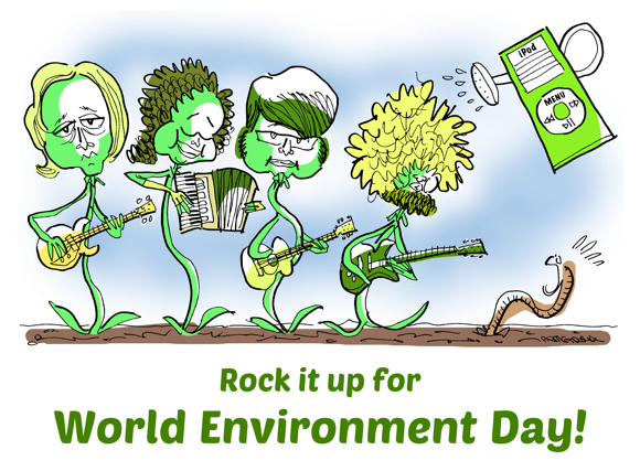 World Environment Day 2017 indie rock band as seedlings springing up from earth playing guitars accordion scaring worm being sprinkled with iPod watering can