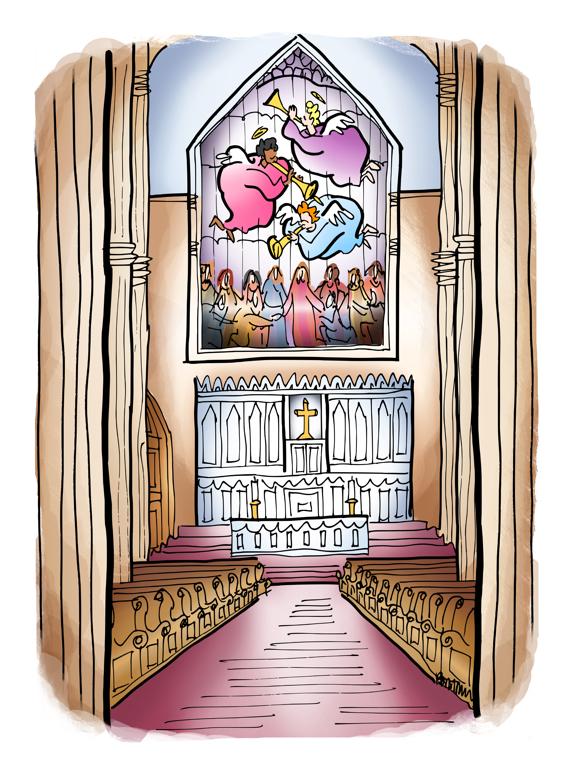 empty cathedral with pillars pews altar stained glass window angels wearing lumpy robes parody of fashion designer Rei Kawakubo