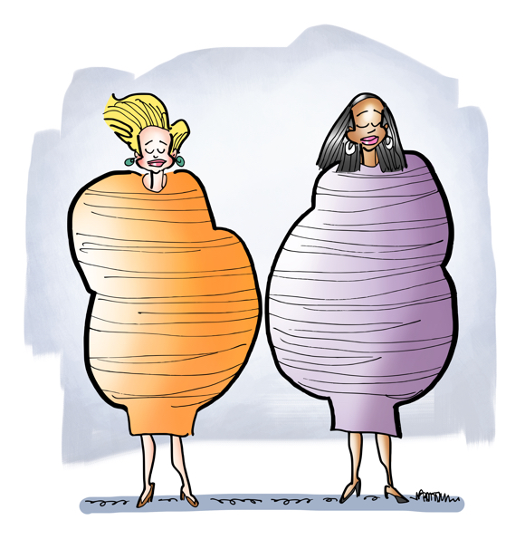 Two models wearing lumpy bumpy dresses by fashion designer Rei Kawakubo