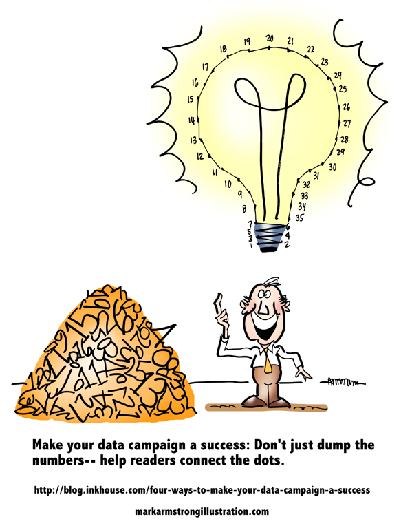 make data campaign success don't dump numbers help readers connect dots untidy pile guy suddenly understands big light bulb over head
