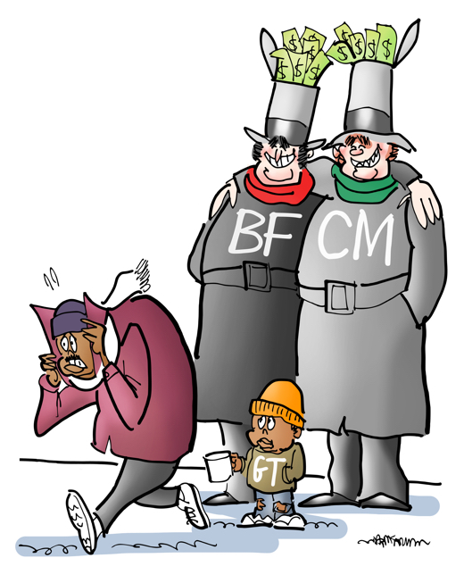 Giving Tuesday poor kid begging on street guy hurries past can't give because he spent all his money on Black Friday Cyber Monday Scrooge types with money stuffed in tophats