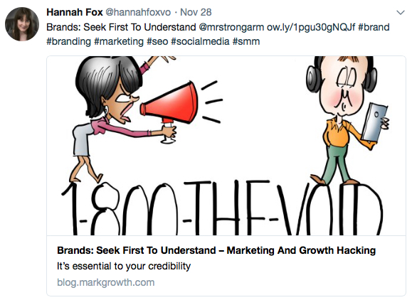 Hannah Fox British voice over artist retweet of Mark Armstrong post Brands seek first to understand essential to your credibility