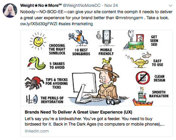 Lori Boxer Weight No More tweet nobody NO-BOD-EE creates better visual content oomph than illustrator Mark Armstrong