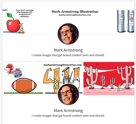 Old distorted LinkedIn profile background image compared to new image with Chick-fil-A Coca-Cola illustrations make muscle pump Armstrong visual pun website URL