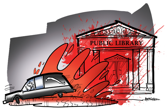 rumpus illustration undertaker father disapproves daughter's reading Stephen King drives hearse through puddle splattering public library with blood as in famous Carrie movie scene