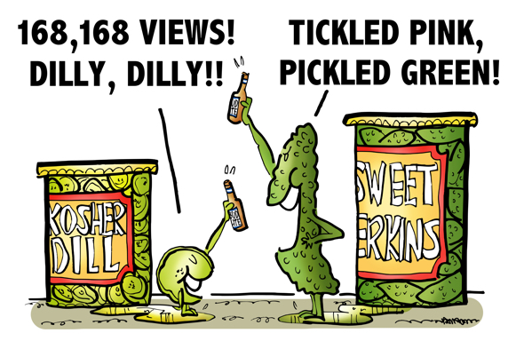 parody of Bud Light "Dilly Dilly" television commercial dill pickle gherkin toasting each other with beer celebrating blog post views tickled pink pickled green