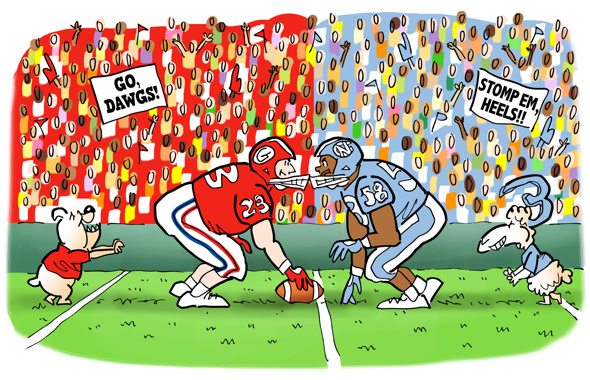 header illustration 2016 Chick-fil-A college football kickoff game quiz Georgia Bulldogs vs. North Carolina Tar Heels line scrimmage crowd stadium mascots dawg ram
