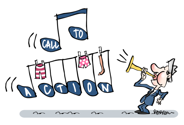 marketing make copy enjoyable to read to obtain sales conversions bugle blasting out call to action clothes hanging on musical note clothesline