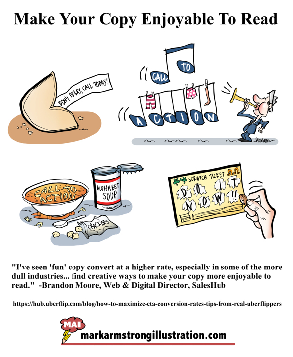 marketers make copy enjoyable to read for more conversions especially in duller industries fortune cookie bugle alphabet soup lotto scratch ticket call to action