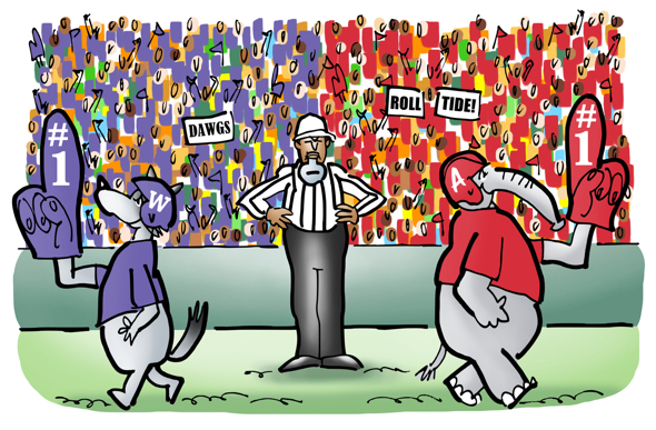header illustration Chick-fil-A 2016 Peach Bowl quiz U Washington Huskies vs. Alabama Crimson Tide dog elephant referee duel with #1 fan gloves