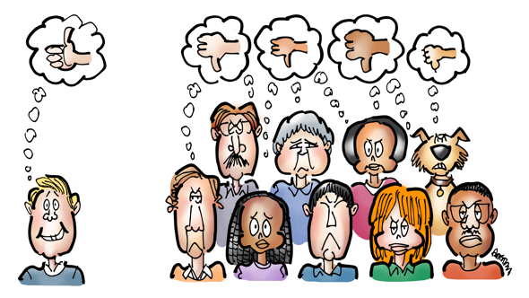 wisdom of audience colective judgement evaluation better than individual's one guy thumbs-up group including dog voting thumbs-down