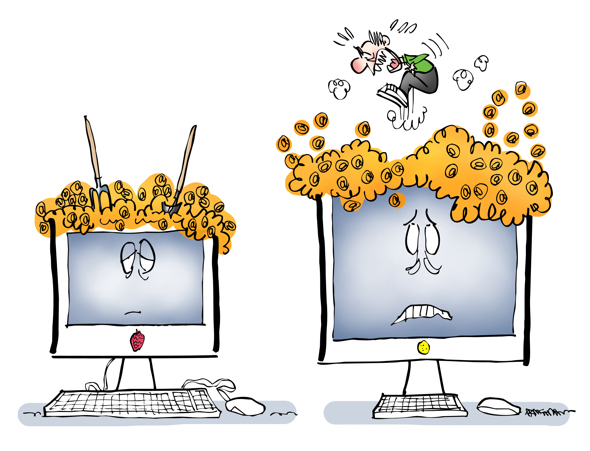 guy trying to transfer email addresses from old to new computer by jumping up down squash into machine