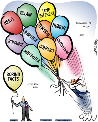 guy soaring up with balloons using story writing elements hero villain love romance suspense tension humor conflict resolution more interesting than boring facts