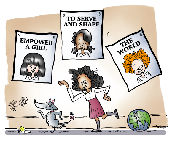 middle school girl poodle striking pose in hall globe tennis ball posters saying empower a girl to serve shape world