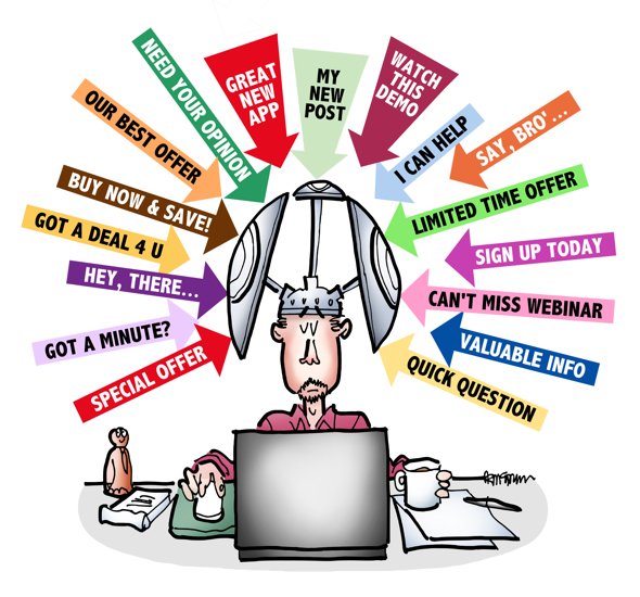 guy sitting at computer wearing helmet with intellectual shields to deflect incoming spam and 24/7 marketing and advertising messages