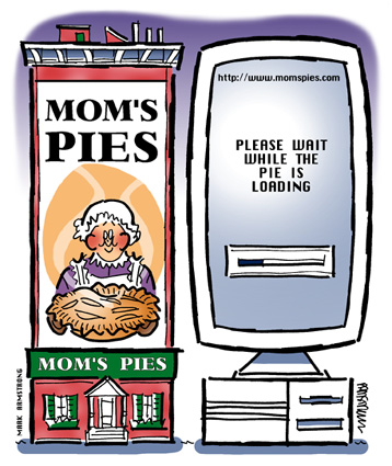 traditional brick mortar store Mom's Pies on left online store website on computer right please wait while pie is loading