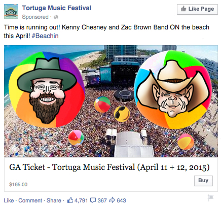 revised Tortuga Music Fest Facebook ad with beach balls caricatures Zac Brown Kenny Chesney