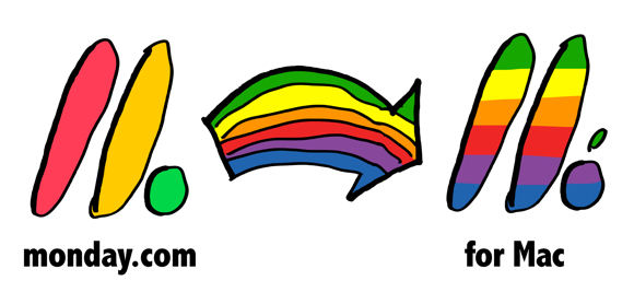 idea for better Monday.com Facebook ad show logo morphing to Mac Apple rainbow colors