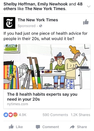 New York Times Facebook ad health habits for millennials in 20s