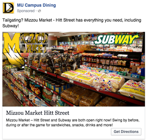 MU Missouri University Campus Dining Facebook ad Mizzou Market Subway snacks drinks football game