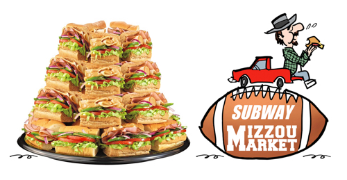 idea for better Missou Campus Dining Facebook ad cartoon guy on truck tailgate atop football on photo Subway food platter