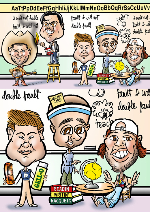 Rising young stars of tennis school boys classroom sports racket country western naughty grooming books reading hippie cool editorial Skies America Magazine