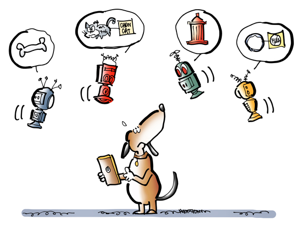 Dog with smartphone eCommerce online shopping surrounded by AI bots popups suggesting things to buy