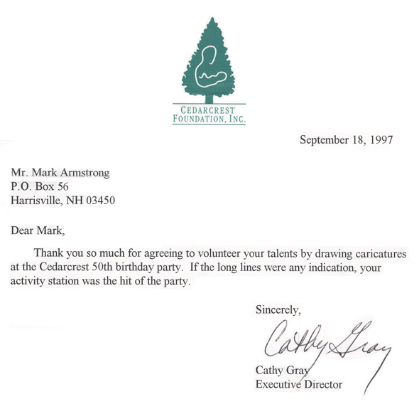 Thank you from Cedarcrest Foundation for Mark Armstrong Illustration volunteering to draw caricatures at 50th birthday party