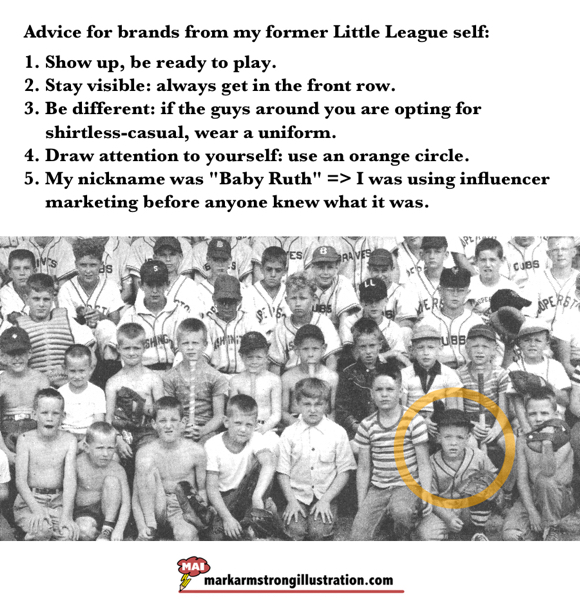 Advice for brands from my former Little League self old baseball group photo Cooperstown NY with illustrator Mark Armstrong in front row