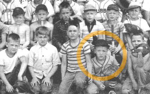 Closeup: old Little League baseball group photo Cooperstown NY with illustrator Mark Armstrong in front row
