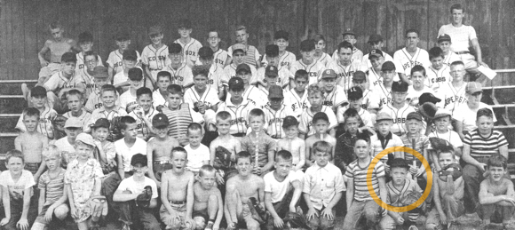 Old Little League baseball group photo Cooperstown NY with illustrator Mark Armstrong in front row