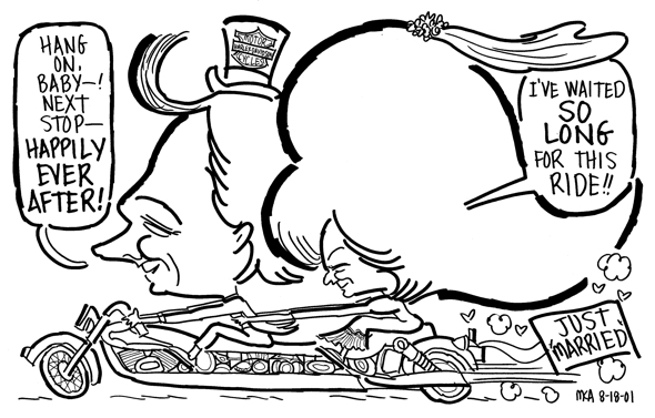 Mark Armstrong Illustration double wedding caricature bride groom speeding off on long Harley Davidson just married sign