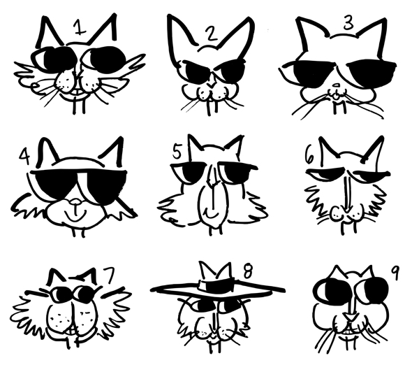 9 cat face sketches roughs for book illustrations Freddy Nager Copyediting with attitude