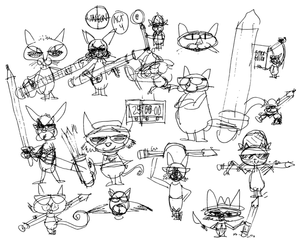 rough thumbnail sketches cat illustrations different poses with pencil for copyediting book by Freddy Nager