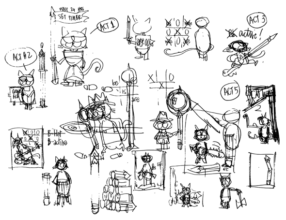 rough thumbnail sketches cat illustrations different poses with pencil for copyediting book by Freddy Nager