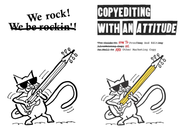 cat playing pencil guitar illustration we rock active voice cover for copyeding book Freddy Nager
