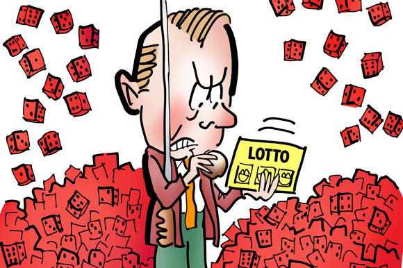 closeup man with umbrella scratching lottery ticket red dice chance raining down piling up on ground