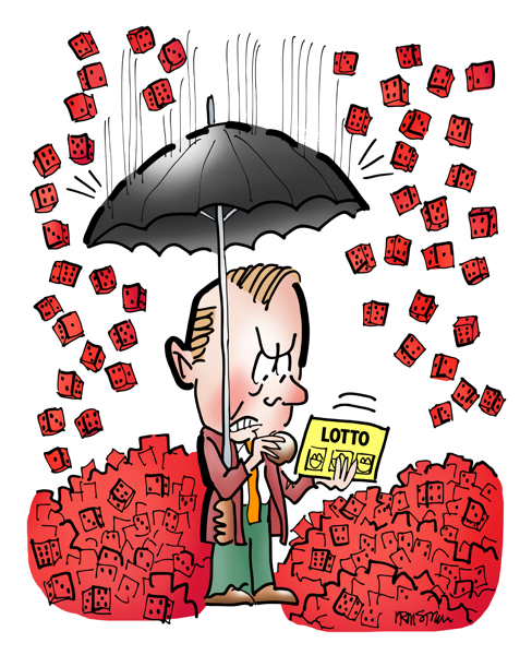 man with umbrella scratching lottery ticket red dice chance raining down piling up on ground