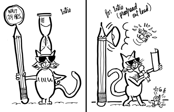 compare cat illustrations for copyediting book Freddy Nager wait 24 hours proofread out loud flagman microphone loudspeaker