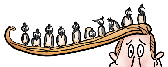 detail man with extremely long comb-over hair sticking way out to side ten chickadee birds roosting on hair strand rhyme red rover please don't comb-over