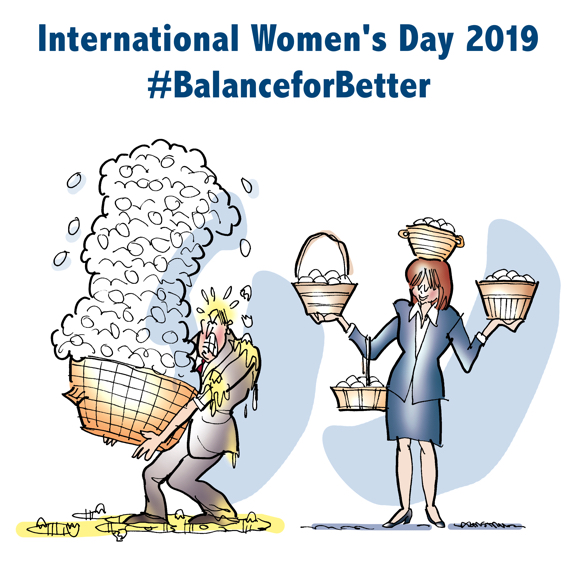 Man has put all his eggs in one basket falling on his head woman is carrying eggs in several baskets International Women's Day 2019 balance for better