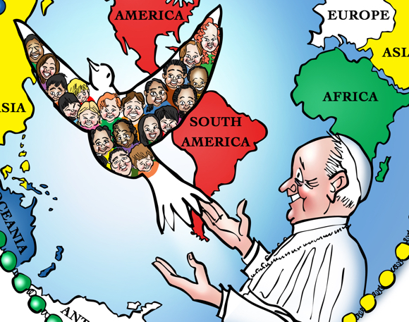 Missionary Childhood Association campaign poster Pope Francis releasing dove Holy Spirit kids helping kids globe world map rosary crucifix