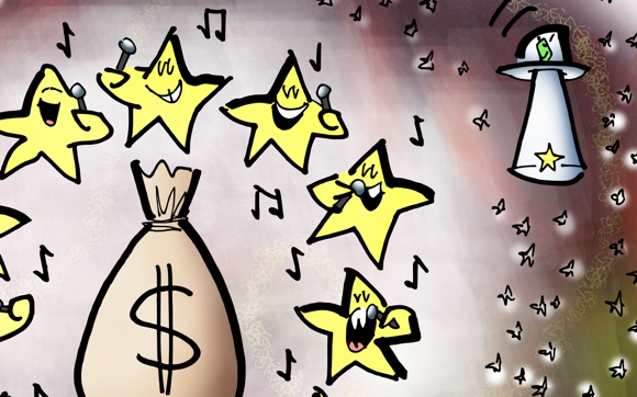 detail image: stars in space singing around a huge sack of money superstars dominating Billboard Chart because of too much choice spaceman in flying saucer shining spotlight on smaller star