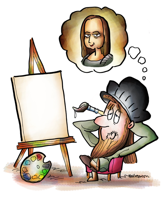 Leonardo da Vinci dreaming of Mona Lisa in front of empty canvas on easel vision without execution is hallucination Walter Isaacson