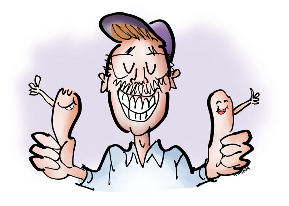 Illustrator Mark Armstrong caricature cartoon character two thumbs up with thumbs also giving thumbs-up